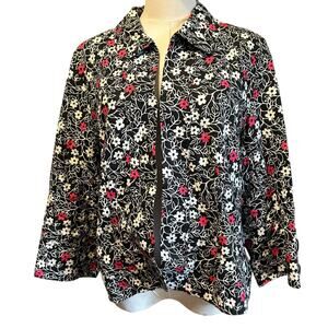 Kim Rogers Petite 100% Linen Black Floral Open Bolero Jacket Lined 16P Coquette